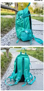 Detailansicht des leuchtend grünen Outdoor-Sportrucksacks mit atmungsaktiven Netzgurten.