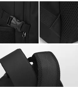 Nahaufnahme eines robusten schwarzen Rucksacks mit Schnalle, Reißverschluss und Mesh-Trägern.