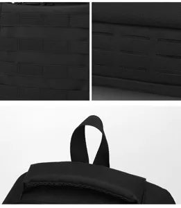 Nahaufnahme der Details des schwarzen taktischen Rucksacks mit Molle-Gurtband und Griff.