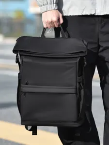 Men large capacity roll top laptop backpack for commuting travel business daily school use black