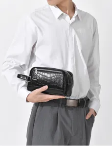 Herren schwarze Kroko-Muster PU Leder Clutch Tasche Detail mit Doppelreißverschluss Handgriff.