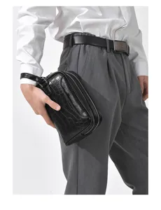 Herren schwarze PU Leder Kroko Muster Krokodil Clutch Tasche Doppelreißverschluss Detail