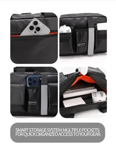 Tactical chest bag with multi-pocket storage, carbon fiber texture functional utility pack.