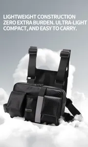 Tactical chest bag detail view, carbon fiber texture PU material with multiple functional pockets.