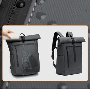 Waterproof roll-top laptop backpack for men, large capacity business casual travel bag.