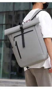 Waterproof roll-top backpack for men, large capacity business commute travel casual daypack.