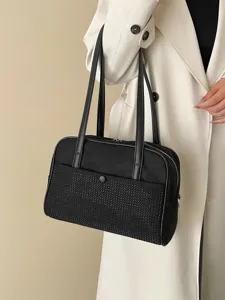 Elegante zwarte schoudertas met strass steentjes, een mooie modieuze handtas voor dames.