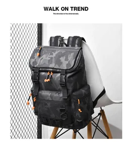 Detail view of men's camo tactical casual backpack, featuring orange accents and durable straps.
