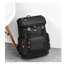 Stylish large capacity men's backpack with orange zipper pulls, perfect for travel and daily use.