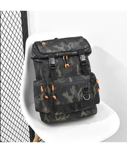Camo backpack detail view, featuring durable tactical design with bright orange cord accents.