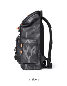 Detailed side view of black grey camo backpack with orange pull cords and side pocket.