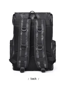 Mens tactical camouflage backpack back view detail with breathable mesh straps and D-rings