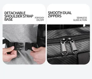 Tactical chest bag detail view showing detachable shoulder strap base and smooth dual zippers.