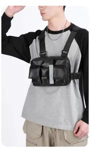 Black carbon fiber tactical chest bag for men, streetwear functional rig pouch for outdoor sports.