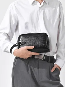 Herren schwarze Krokodil PU Leder Clutch Tasche stilvolle Business Reißverschluss Handtasche