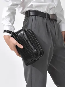 Herren schwarze Kroko-Muster PU Leder Doppelreißverschluss Clutch Tasche, Business Handtasche.