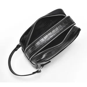Herren schwarze Kroko-Muster PU Leder Doppelreißverschluss Clutch Tasche Business Handgelenk