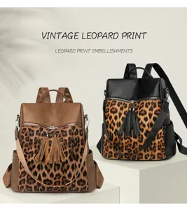 Vintage Leopard Print Damen Rucksack Mode PU Leder Quaste Lässige Reise Schultasche
