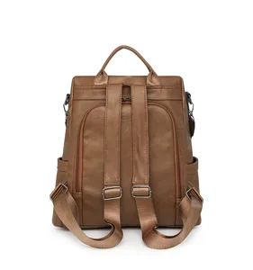 Detailansicht eines braunen Damen PU Leder Vintage multifunktionalen Freizeitrucksacks.