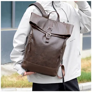 Stijlvolle heren PU lederen roltop rugzak grote capaciteit casual reizen schooltas