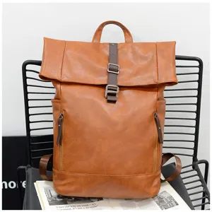Heren grote capaciteit PU lederen rugzak, vintage bruine rolltop reizen schooltas.