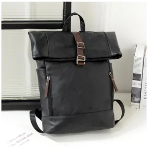 Zwarte PU lederen roltop rugzak heren casual reizen laptop tas voor studenten dagelijks