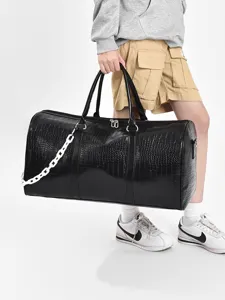 Grosse schwarze Kroko-Muster PU Reise-Duffel Tasche mit stilvollen Kettendetails für Urlaub