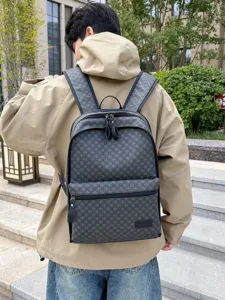 Mochila con Monograma de Cuero PU Vintage Gran Capacidad Business Casual Viaje Bolsa para Portátil Hombres Mujeres Escuela