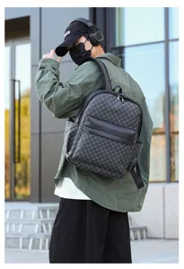 Mochila de cuero PU para hombre con diseño geométrico clásico, bolso casual para viaje y escuela.