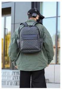 Mochila elegante de hombre de piel PU con motivo de rombos para viajes y escuela.