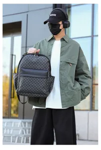 Mochila moda hombre gris cuadros cuero PU bolsa escolar viaje ocio ordenador portátil