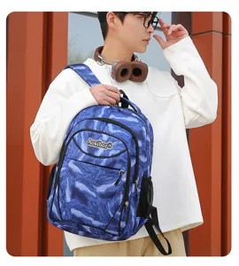 Blue tie-dye pattern casual backpack with multiple compartments for men and daily travel