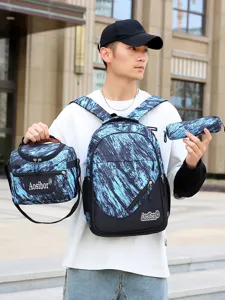 3-teiliges Set Rucksack mit Großer Kapazität und Isolierter Lunchtasche Sowie Federmäppchen Farbblock Polyester Schultasche