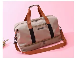Large capacity travel duffel bag with dry wet separation, stylish beige gym bag with straps.
