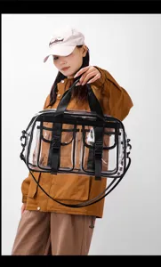Detailansicht der transparenten PVC Reisetasche mit schwarzen Gurten und Taschen.
