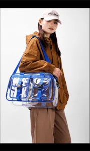 Detailaufnahme einer klaren PVC-Reisetasche mit blauen Gurten und Schnallentaschen.