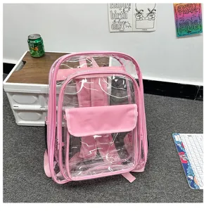 Transparenter pinker PVC Rucksack für Damen, klarer wasserdichter Schulrucksack für Reisen und Sport.