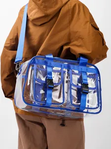 Transparente PVC Reisetasche mit blauen Riemen, große wasserdichte modische Umhängetasche.