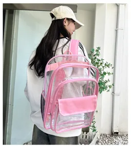 Transparenter PVC Rucksack für Studenten mit pinkem Besatz, wasserdichte Reisetasche.