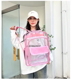Transparenter rosa PVC Rucksack für Damen und Mädchen lässige tägliche Reisen Schule.