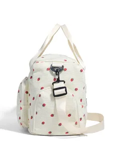 Beigefarbene Kord Erdbeer Reisetasche, Handtasche und Umhaengetasche mit Grossem Platz.