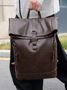 Heren grote capaciteit PU leer rugzak vintage roll top casual reizen laptop tas