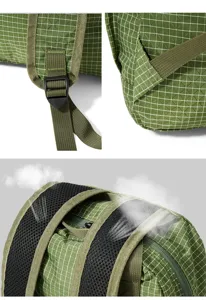 Green plaid oxford cloth backpack detail showing adjustable straps and mesh padding.