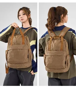 Brown plaid oxford cloth backpack, lightweight casual foldable travel daypack for women.