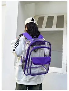 Transparenter PVC Rucksack mit lila Besatz für Alltag, Schule und Reisen. Detailansicht.