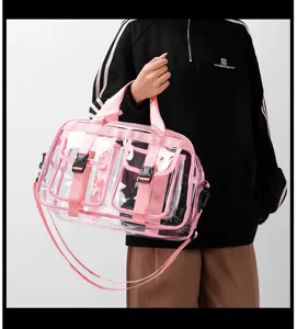 Transparente PVC Reisetasche, große rosa Handtasche mit Doppeltaschen vorne und Schultergurt.