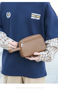 Borsa da toilette uomo marrone in pelle PU pochette da polso per viaggio dettaglio