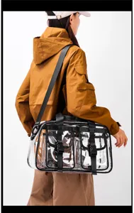 Transparente PVC-Reisetasche Detail, große wasserdichte Umhängetasche mit vielen Fächern.