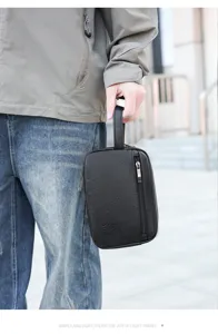Borsa da toeletta in pelle PU nera da uomo pochette da polso portatile organizer da viaggio