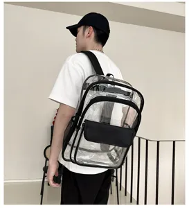 Transparenter PVC Rucksack mit schwarzem Rand, wasserdichte Reisetasche für Schule und Alltag.